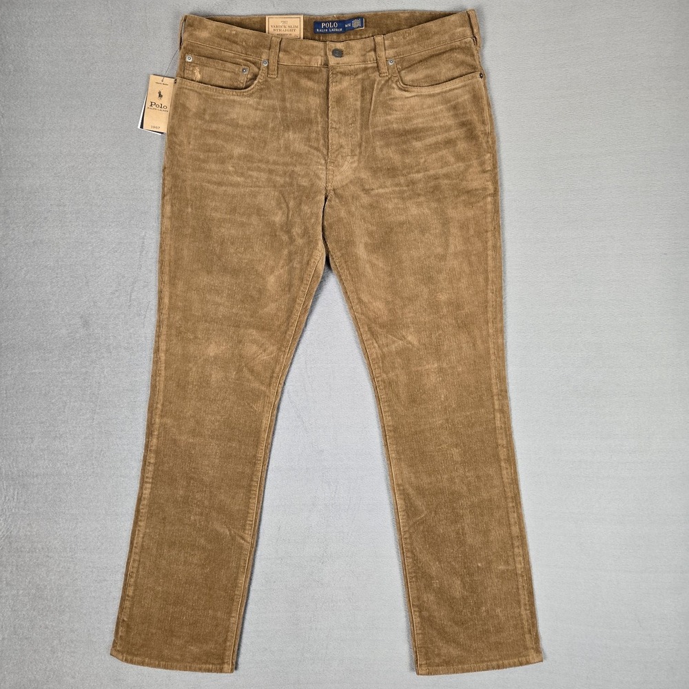 Polo Ralph Lauren Pants Mens 36x32 Varick Slim Straight Corduroy Camel Brown NWT